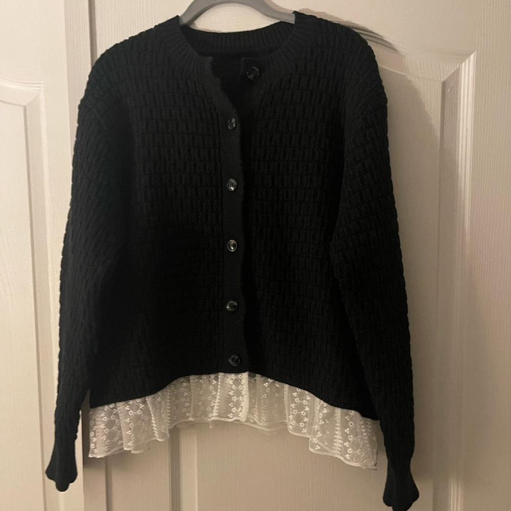 TEMU Absolutely adorable black cardigan sweater with lace hem. NWOT. Size 2X
